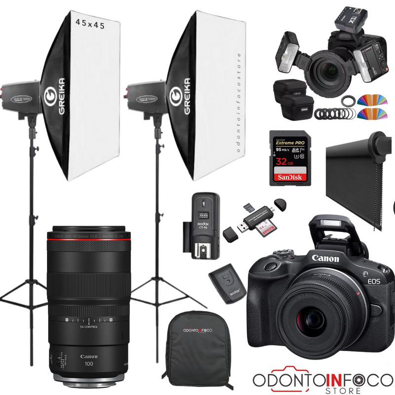 KIT 29 CÂMERA R100 MIRRORLESS + LENTE MACRO CANON RF 100MM + ESTÚDIO FOTOGRÁFICO + BLACKOUT +  FLASH TWIN GODOX MF-12