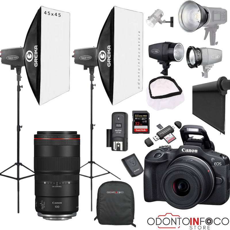 KIT 31 CÂMERA R100 MIRRORLESS + LENTE MACRO CANON RF 100MM + ILUMINAÇÃO COMPLETA + BLACKOUT