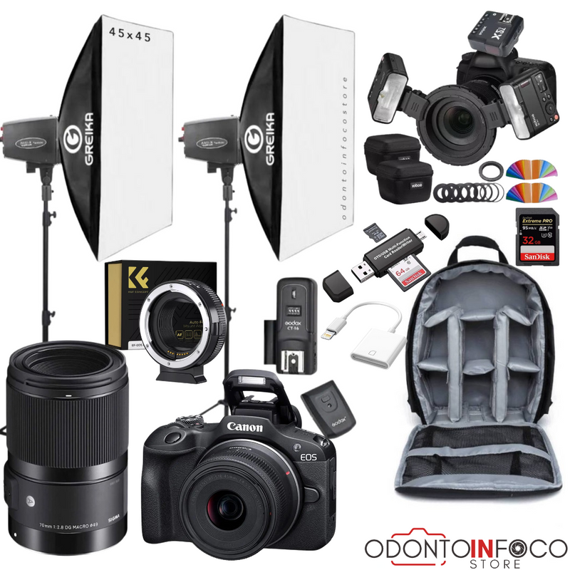 KIT 22 CÂMERA PROFISSIONAL R100 MIRRORLESS + LENTE MACRO 70MM + ESTÚDIO FOTOGRÁFICO + FLASH TWIN GODOX MF-12